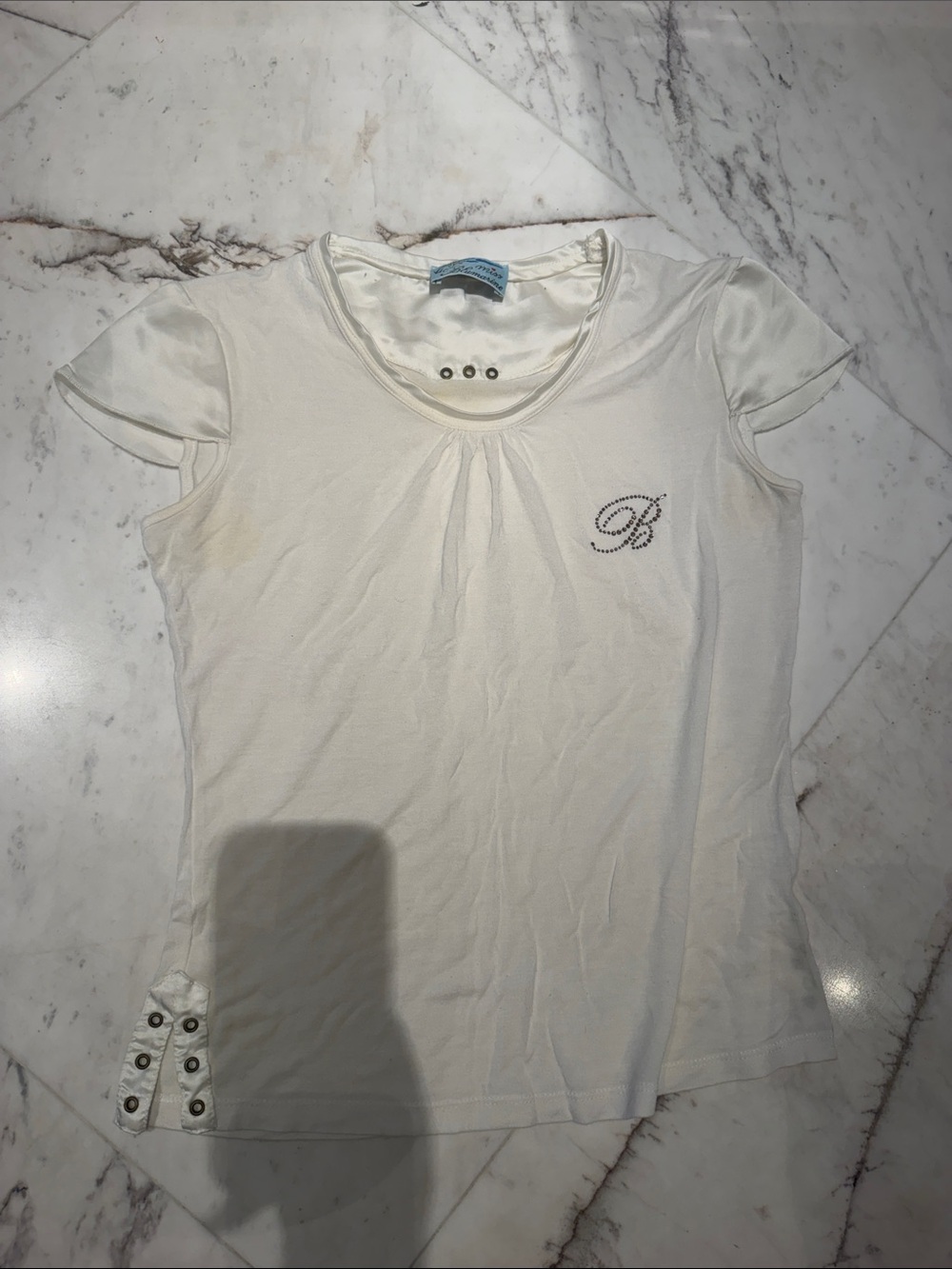 Miss Blumarine White Short-Sleeve Embellished Logo Tee with metal circles szS